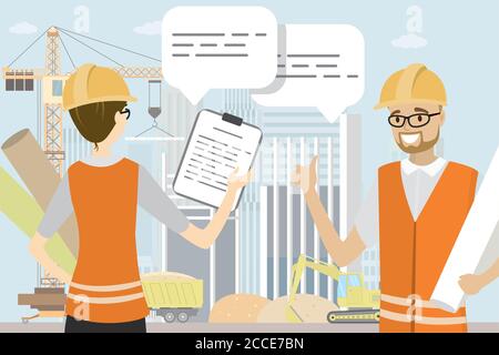 Two engineers are talking,Construction site,crane,construction machinery on background,flat vector illustration Stock Vector