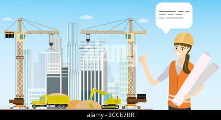 Construction site,crane,construction machinery and engineer architect female,flat vector illustration Stock Vector
