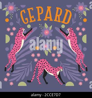 Collection of cute hand drawn pink cheetahs jumping and stretching on dark purple background with exotic plants and hand lettering. Flat vector illust Stock Vector