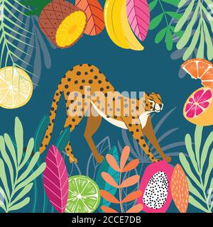 Cute exotic wild big cat cheetah stretching on dark tropical background with collection of exotic plants and fruit. Flat vector illustration Stock Vector