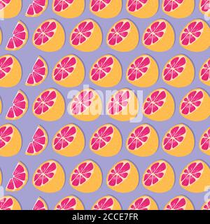 Fruit seamless pattern, grapefruit halves and slices on purple background. Summer vibrant design. Exotic tropical fruit. Colorful vector illustration Stock Vector