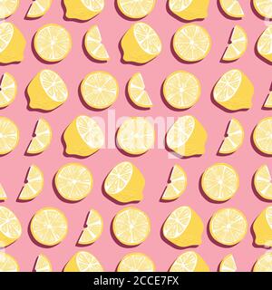 Fruit seamless pattern, lemons with shadow on pink background. Summer vibrant design. Exotic tropical fruit. Colorful vector illustration Stock Vector
