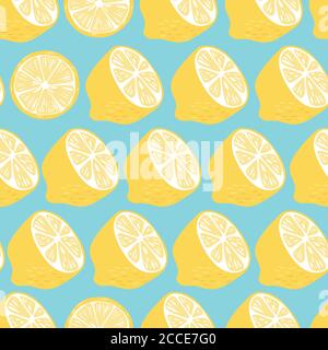 Fruit seamless pattern, lemon halves and slices on bright blue background. Summer vibrant design. Exotic tropical fruit. Colorful vector illustration Stock Vector