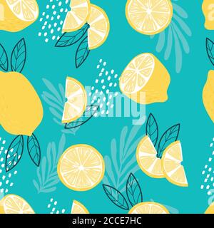 Fruit seamless pattern, lemons with tropical leaves and abstract elements on bright blue background. Summer vibrant design. Exotic tropical fruit. Col Stock Vector