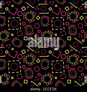 Abstract background with pink-yellow geometric shapes, circles, squares and lines on black background. Minimal seamless pattern cover template design Stock Photo