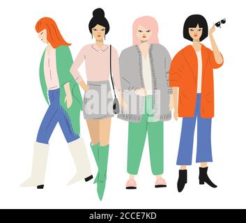Four young women in autumn clothes standing and walking. Isolated on white. Flat vector illustration Stock Vector