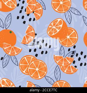 Fruit seamless pattern, oranges with leaves and abstract elements on bright blue background. Summer vibrant design. Exotic tropical fruit. Colorful ve Stock Vector
