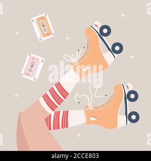 Hand drawn illustration with female legs and tube socks and retro roller skates. Colorful vector illustration Stock Vector