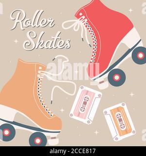 Hand drawn illustration with retro roller skates and cassette tapes. Colorful vector illustration Stock Vector