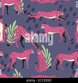 Seamless pattern with hand drawn exotic big cat pink cheetahs, with tropical plants and abstract elements on purple background. Colorful flat vector i Stock Vector
