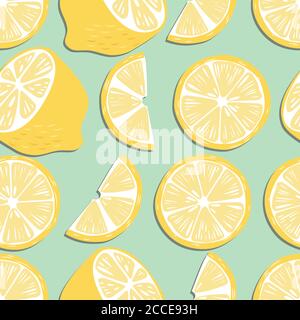 Fruit seamless pattern, lemon slices and halves on mint green background. Summer vibrant design. Exotic tropical fruit. Colorful vector illustration Stock Vector