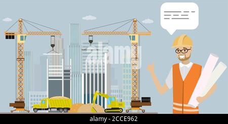 Construction site,crane,construction machinery and engineer architect,flat vector illustration Stock Vector