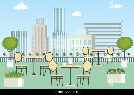 Roof patio,summer outdoor cafe or restaurant with tables and chairs,flat vector illustration Stock Vector