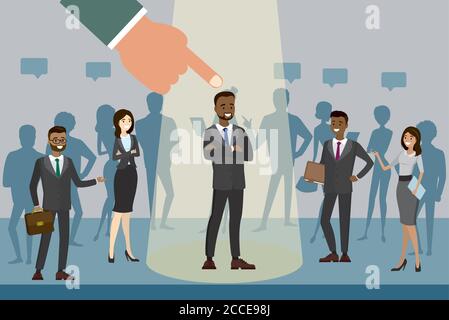 Cartoon job candidate won and stands in spotlight, human resource recruitment concept,silhouettes of people on the background,flat vector illustration Stock Vector