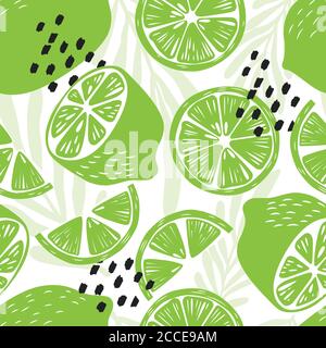 Fruit seamless pattern, lime with tropical leaves and abstract elements on white background. Summer vibrant design. Exotic tropical fruit. Colorful ve Stock Vector
