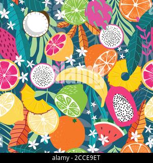 Fruit seamless pattern, collection of exotic tropical fruits with plants and flowers on dark green background. Summer vibrant design. Exotic tropical Stock Vector