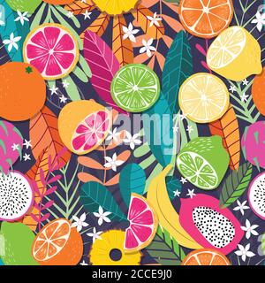 Fruit seamless pattern, collection of exotic tropical fruits with plants and flowers on dark purple background. Summer vibrant design. Colorful vector Stock Vector