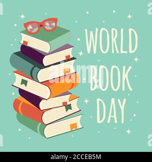 World book day, stack of books with glasses on mint background, vector illustration Stock Vector