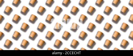 Seamless pattern brown paper drink cups with shadow isolated on white background. Container for take away food and drink. Ecological individual packag Stock Photo