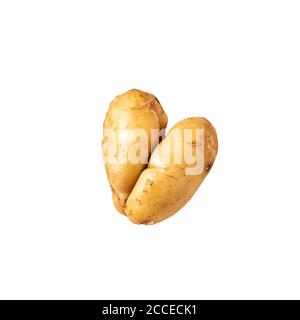 Flat lay ugly curved bent potato isolated on white background. Stock Photo