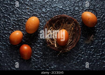 brown eggs in nest, raw chicken eggs Stock Photo