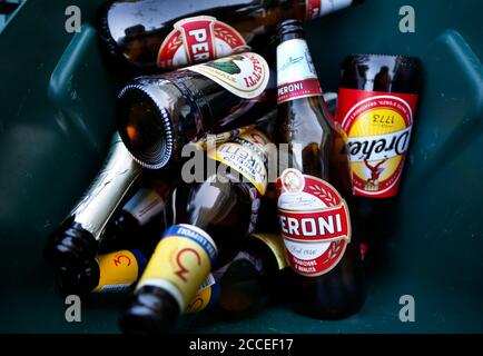 Empty Italian beer bottles in a recycling bin in Italy. Stock Photo