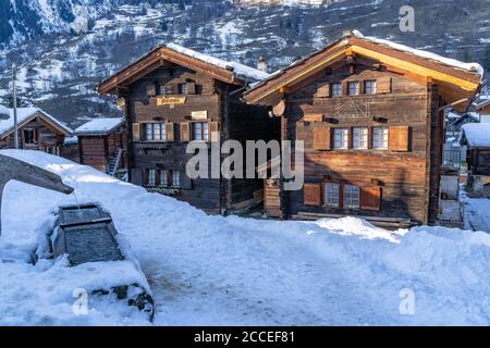 Europe, Switzerland, Valais, Blatten, historic wooden houses in the typical architectural style of the Valais Alps Stock Photo