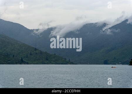 A foggy day in the Marlborough Sounds, South Island, New Zealand Stock Photo