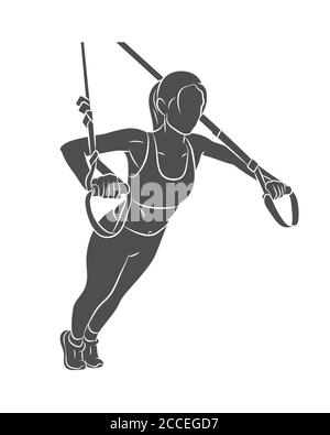 Young sportive woman doing push-ups using trx fitness straps Stock Vector