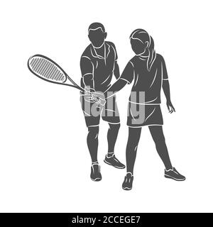 Trainer helps a young woman do an exercise with a racket on her right hand in squash Stock Vector