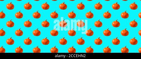 Seamless Pattern made with pumpkin vegetable on neo mint background. Stock Photo