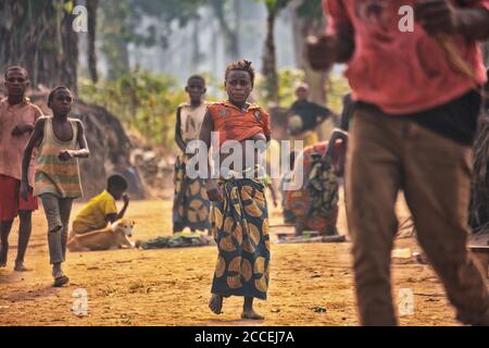 Baka pygmy tribe in Bayanga. Dzanga-Sanha Forest Reserve, Central African Republic Stock Photo