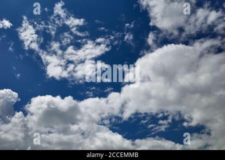 Heavenly splendor of a beautiful cloudy day. Field of puffy cumulus clouds in the blue sky. Background for forecast and meteorology illustration. Stock Photo