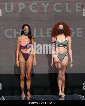Miami Beach, United States. 20th Aug, 2020. A model walks the runway wearing a swimsuit by designers from Upcycle Challenger fashions during the Paraiso Miami Beach fashion show at the SLS hotel in Miami Beach, Florida, on Thursday, August 20, 2020. The Upcycle Challenge is devoted to young talent designers from Florida International University. The national competition invites design students to create two pieces from donated dead-stock fabrics, for the opportunity to present at PARAISO, and win designer mentorships. Photo by Gary I Rothstein/UPI Credit: UPI/Alamy Live News Stock Photo