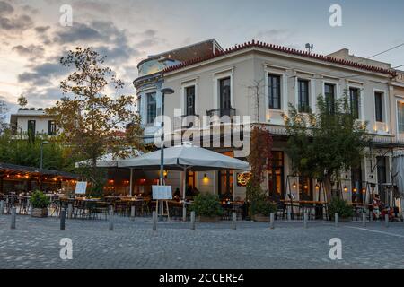 Athens, Greece - November 07, 2018: Coffee shops and bars in Thissio neighbourhood of Athens, Greece. Stock Photo