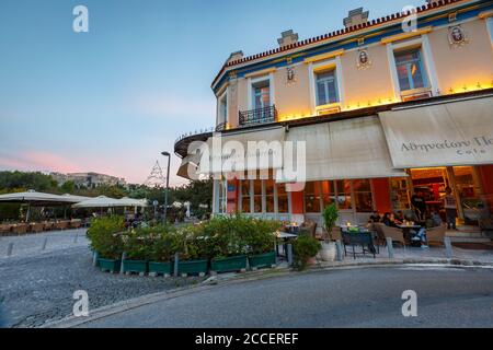 Athens, Greece - November 07, 2018: Coffee shop in Thissio neighbourhood with view of Acropolis. Stock Photo