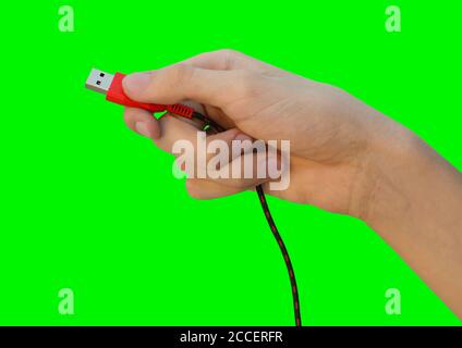 Close up male hand holding red usb cable for PC and mobile devices isolated on green background with long black and red wire, concept of people commun Stock Photo