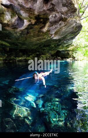 Swimmer in the Chikin Ha Cenote, Playa del Carmen, Riviera Maya, Yucatan, Mexico Stock Photo