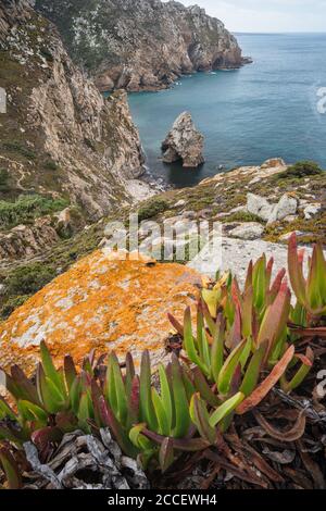 Rock cliffs by the sea at Beach Lourical on Cabo da Roca, Sintra, Portugal. Vertical Stock Photo