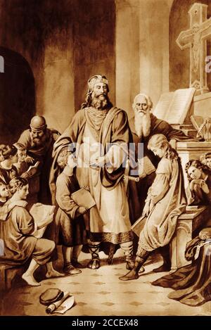 Halftone of Charlemagne and his scholars. Charlemagne was King of the Franks from 768, King of the Lombards from 774 and Emperor of the Romans from 800. Charlemagne promoted education but never learned himself how to read or write. From a set of school posters for history and social studies c 1930 Stock Photo
