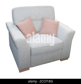 Modern textile armchair furniture with pillows isolated on white background Stock Photo
