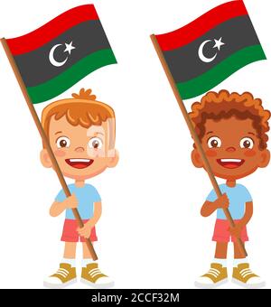 libya flag in hand. Children holding flag. National flag of libya vector Stock Vector
