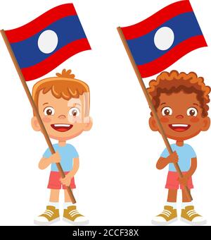 Laos flag in hand. Children holding flag. National flag of Laos vector Stock Vector