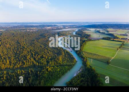 Isar near Geretsried, Isarauen nature reserve, Tölzer Land, aerial view, Upper Bavaria, Bavaria, Germany Stock Photo