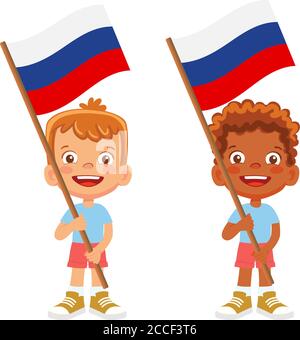 Russia flag in hand. Children holding flag. National flag of Russia vector Stock Vector