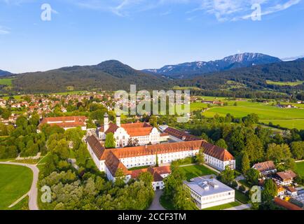 Benediktbeuern Abbey, Benediktbeuern, right Benediktenwand, Tölzer Land, aerial view, Alpine foothills, Upper Bavaria, Bavaria, Germany Stock Photo