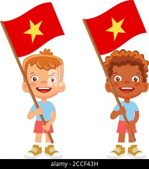 Vietnam flag in hand. Children holding flag. National flag of Vietnam vector Stock Vector
