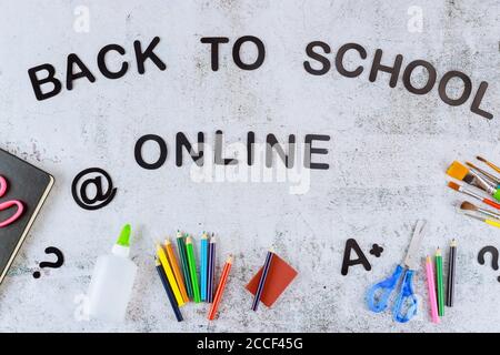 Virtual school learning concept. Back to school online background. Stock Photo
