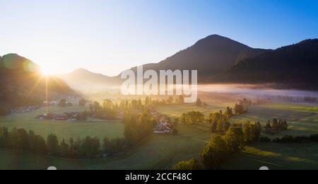 Sunrise with ground fog, Jachenau, Isarwinkel, aerial view, Upper Bavaria, Bavaria, Germany Stock Photo