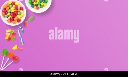 Lollipops and candies. Colorful sweets, festive decoration. Colorful candies on pink blue background, top view with copy space for message or greeting Stock Photo